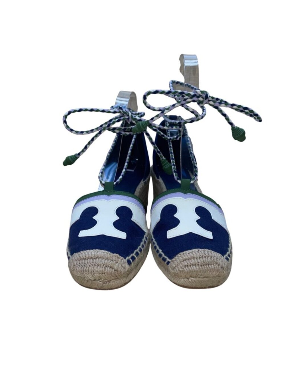Tory Burch Women’s White & Blue Canvas Lace-Up Espadrille Wedge Sandals Size 8M - Picture 2 of 9